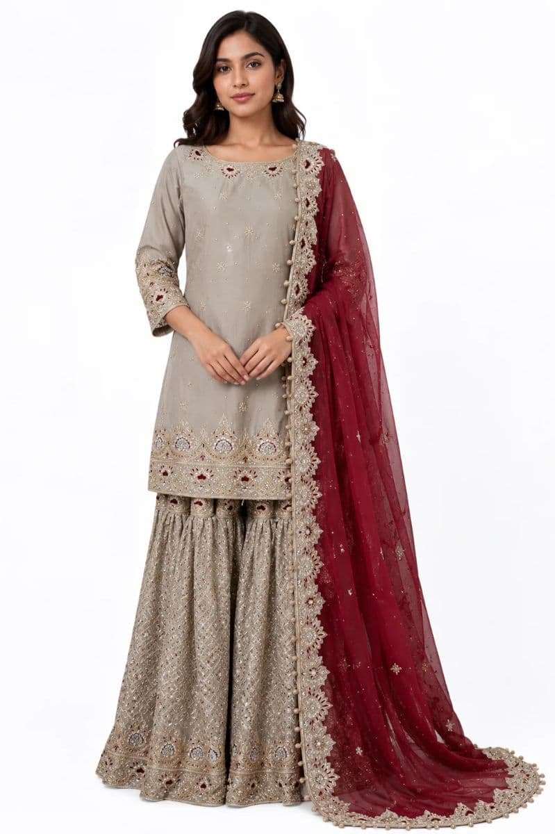 Pure Silk Zardozi Embroidered Kurta Gharara Set with Net Dupatta