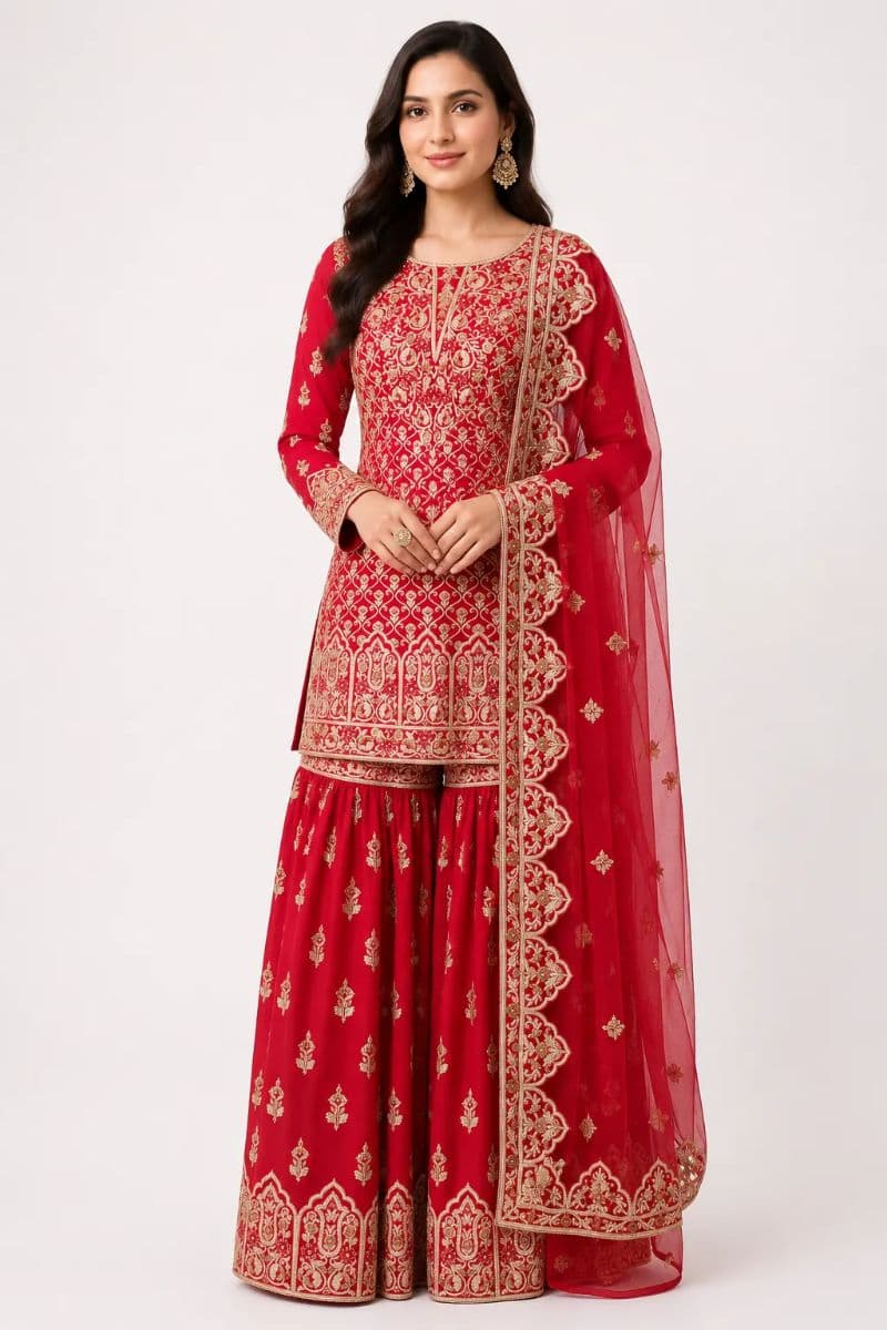Pure Silk Zardozi Embroidered Red Kurta Gharara Set with Net Dupatta | Bridal & Wedding Wear