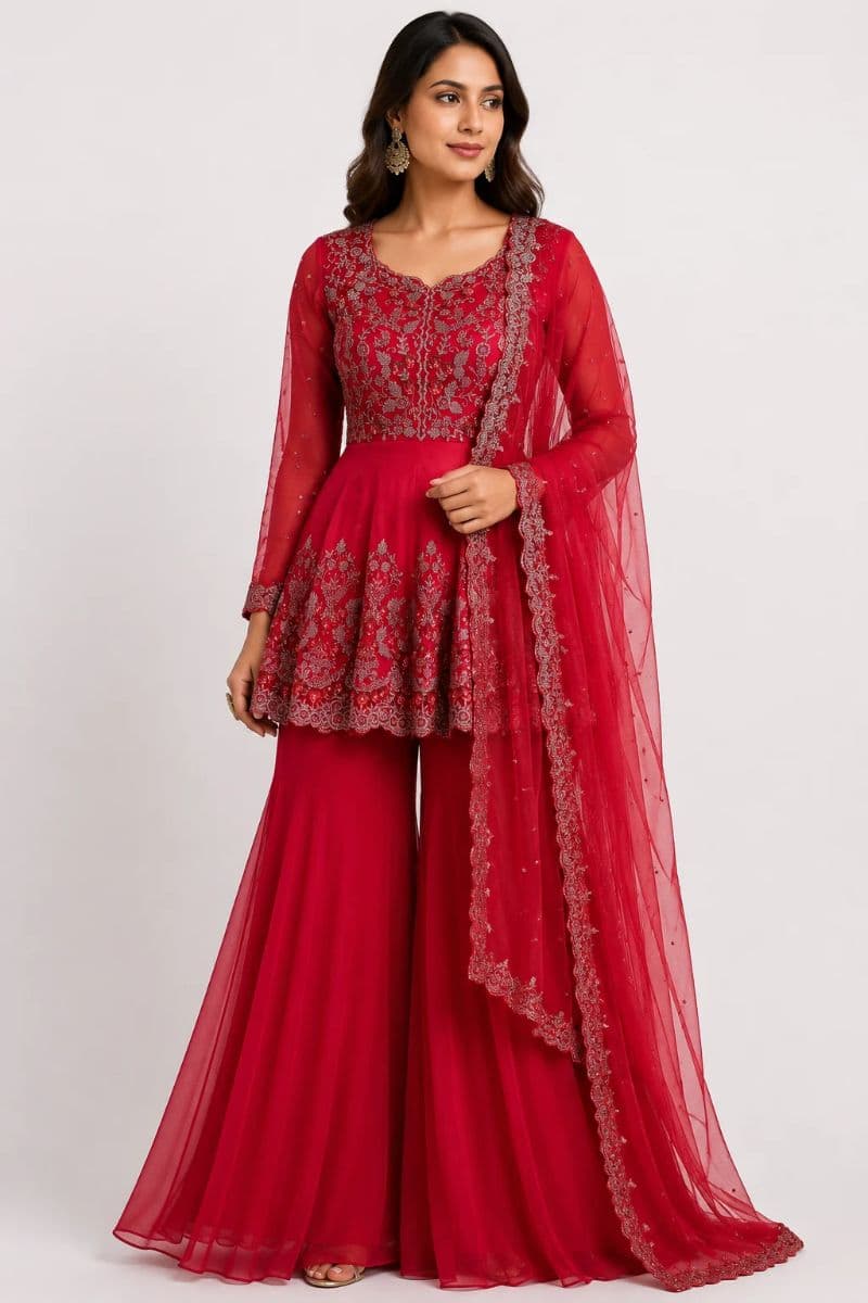 Red Net Peplum Sharara Set with Hand Bead, Cutdana, Sequin & Pearl Embroidery