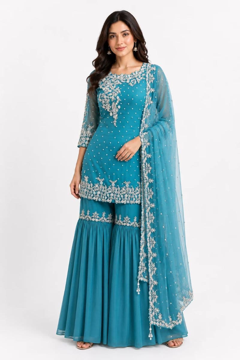 Teal Blue Georgette Sharara Suit with Hand Embroidered Net Dupatta | Beads, Cutdana, Sequins & Pearl Work