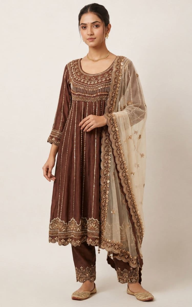Women's Brown Embroidered Anarkali Pant Set With Net Dupatta