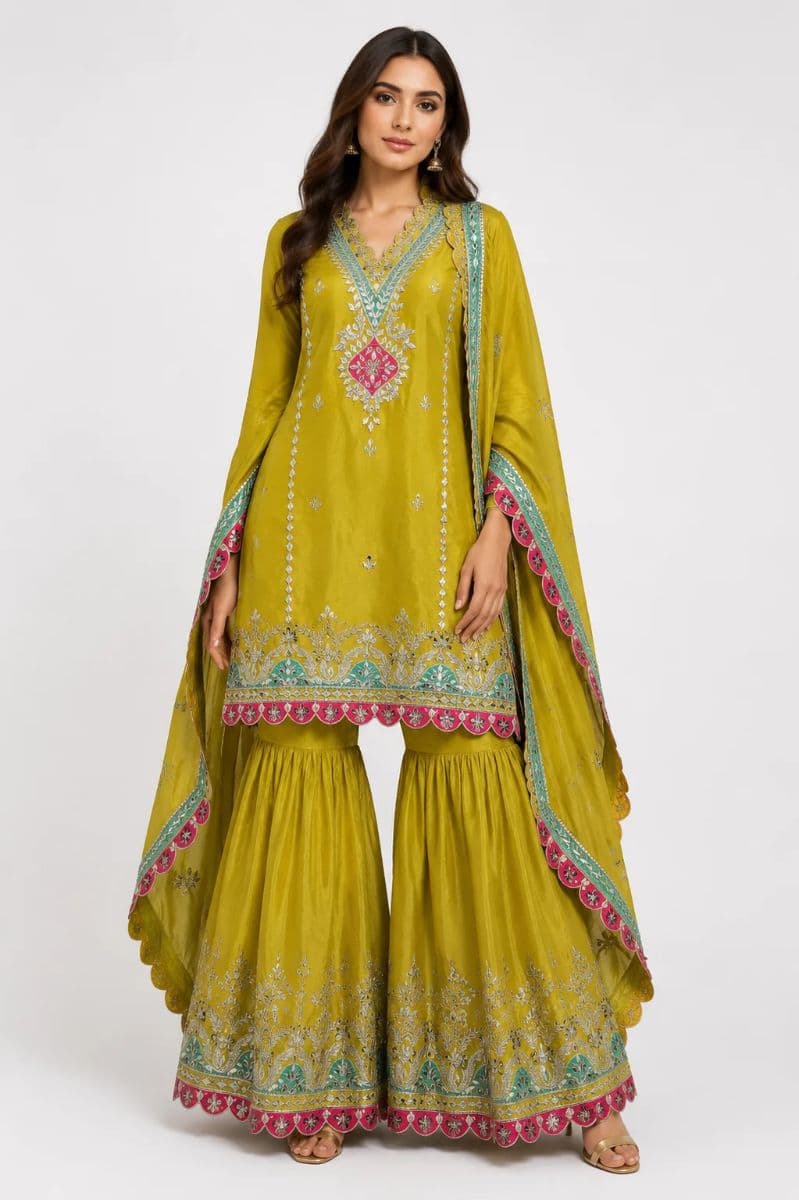 Mustard Yellow Hand Embroidered Kurta Gharara Set with Organza Dupatta | Luxury Pakistani Wedding & Festive Wear for Women